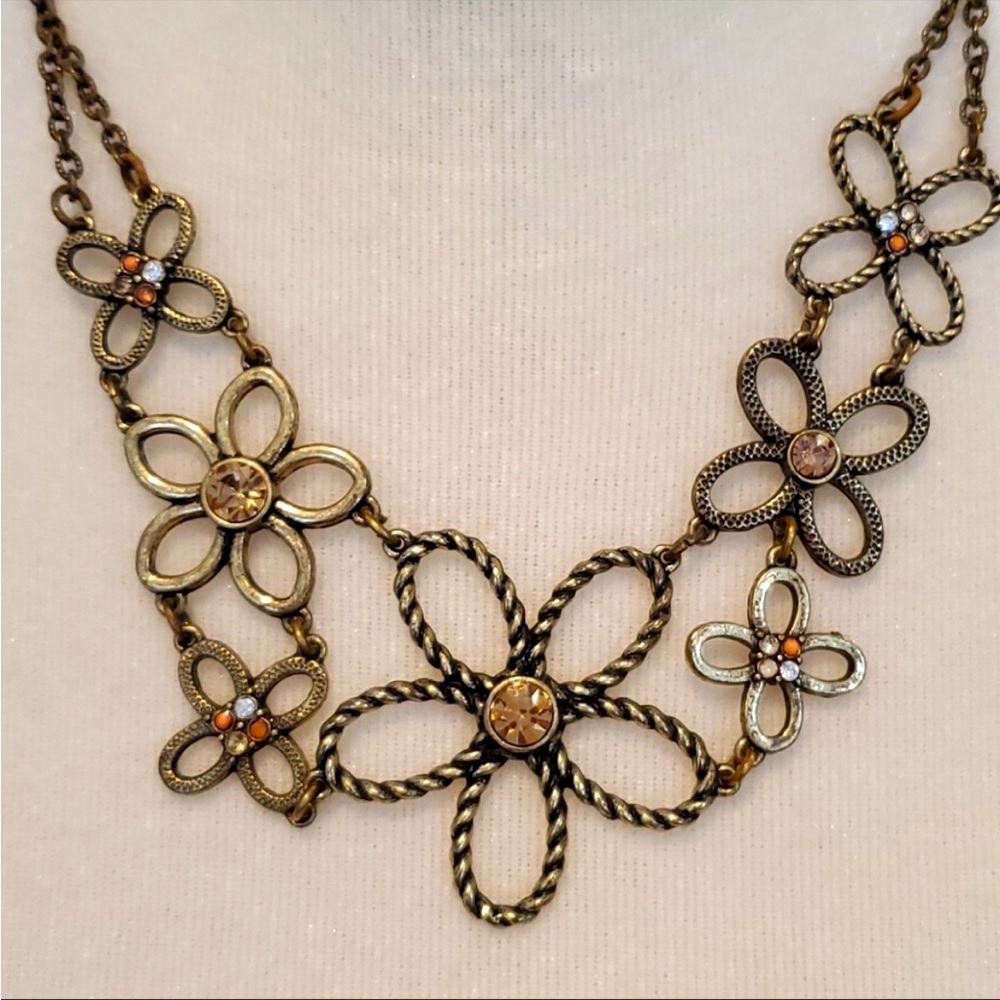 Bronze Metal Flower Necklace w/Yellow Stones